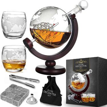 MikaMax - Globus Decanter Set - Whiskey Decanter - with two glasses - Whiskey set - Funnel included - Handcrafted - Transparent - 850 ML - Airtight closure - Men's gift
