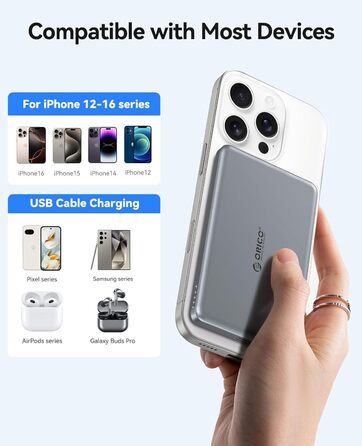 Power Bank Orico Kada Magsafe 5000mAh з USB-C, Магнітний, 20W PD, для iPhone 16/15/14/13/12 (Сірий)