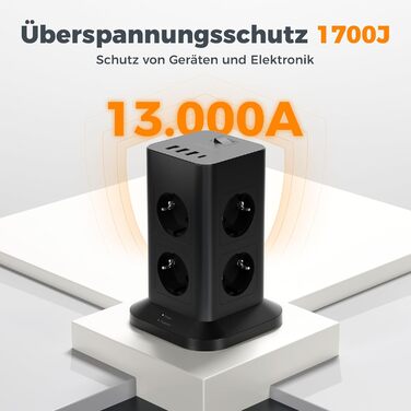 Багатофункціональна мережева розетка TESSAN з 8 розеток, 2 USB-C, захистом від перенапруги, вимикачем та кабелем 2м (3600W)
