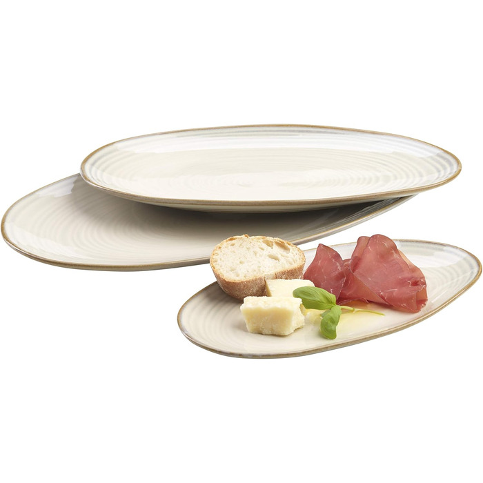 MÄSER 931372 Nottingham Series Set of 3 Serving Plates, Vintage-Look Serving Platter in 3 Sizes, Beige, Stoneware, 28 x 15.5 cm