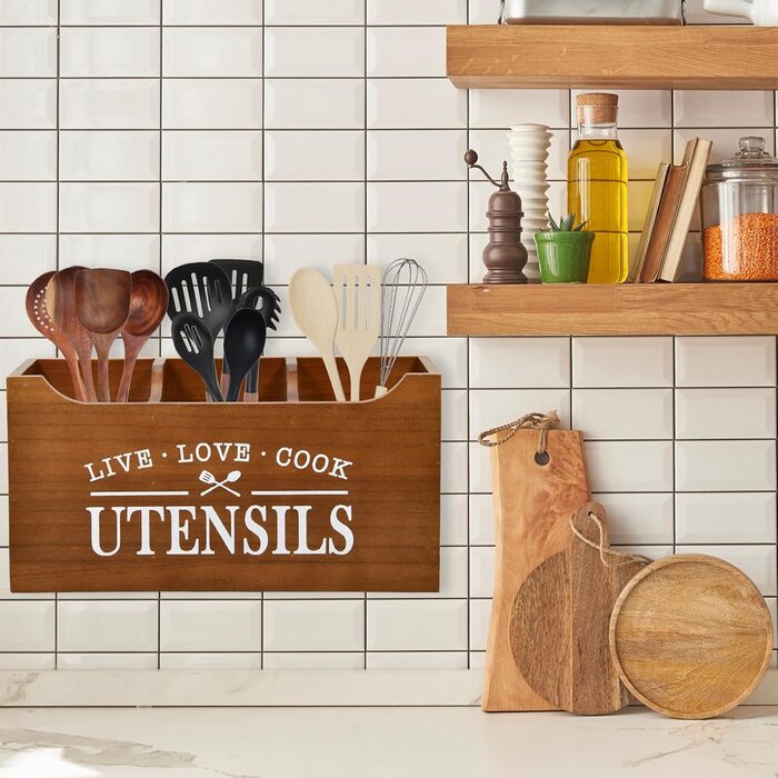Karisky Kitchen Utensil Holder with Drainage Bottom, Large 3-Compartment Solid Real Wood Utensil Organizer for Countertop, Cooking Tools for Farmhouse Kitchens, Brown