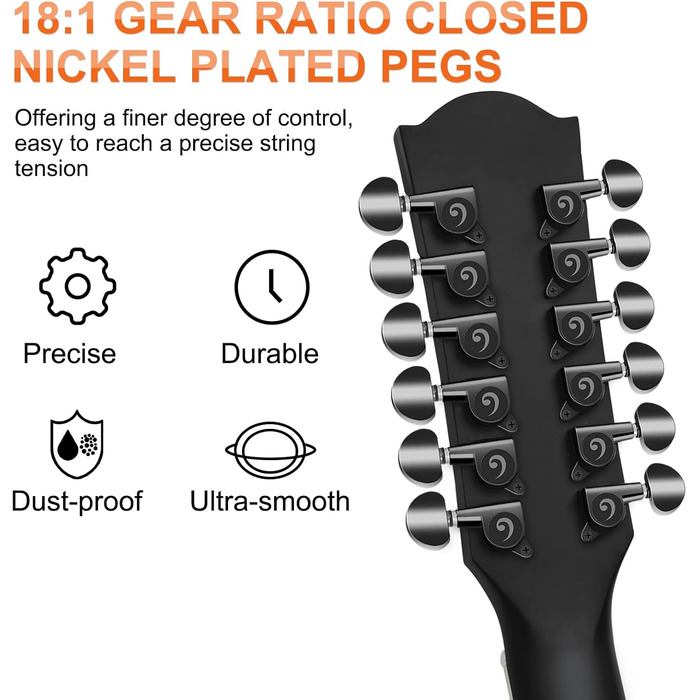 Електроакустична гітара Vangoa 41 дюйм, 12-струнна, чорна, з підсилювачем та 4-х смуговим еквалайзером