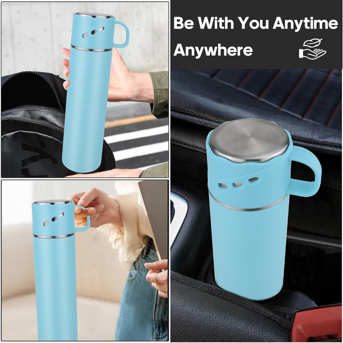 Термос з нержавіючої сталі 550 мл - термос-пляшка без протікань з чашкою та ручкою, вакуумний термокухоль 12 год гаряче / 12 год холодне, неслизький келих для кави в дорозі для спорту, роботи, школи, авто (Блакитний)