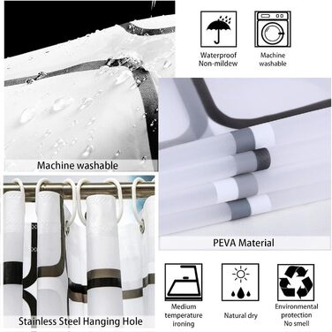 Шторка для душу 200x200 см, PEVA, антигрибкова, водонепроникна, пральна, з 12 кільцями, для душу та ванни