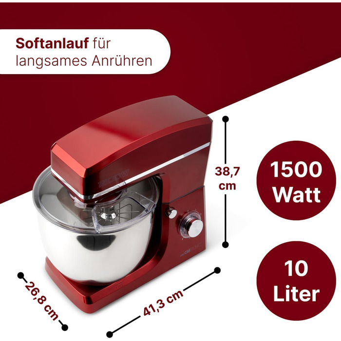 Планетарний міксер Clatronic KM 3765 XXL для випікання, чаша 10л, 1500 Вт, червоний