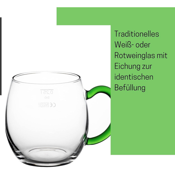 Novaliv 6X Wine Goblet with Green Handle, 250 ml Wine Glass Calibrated, White Wine Glass, Mulled Wine Glasses, Mulled Wine Cup, Punch Glasses, Teacups with Handle, Shandy Glass