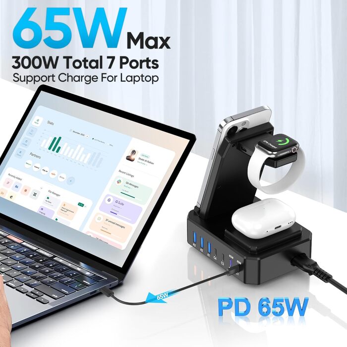 Універсальна бездротова зарядна станція 10-в-1, 280 Вт USB-C для iPhone, MacBook, Android, GaN III PD 65 Вт швидка зарядка
