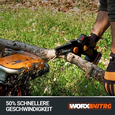 WORX WG325E Nitro Mini акумуляторна бензопила 20V, одноручна пила для гілок, Brushless двигун, 5650 об/хв, довжина різу 12 см, легка та компактна, автоматичне змащення ланцюга (з акумулятором 2Ah та зарядним пристроєм)