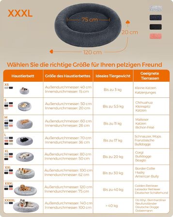 Кругле ліжко для собак та котів Feandrea, м'яке, з подушкою, 120 см, темно-сірий