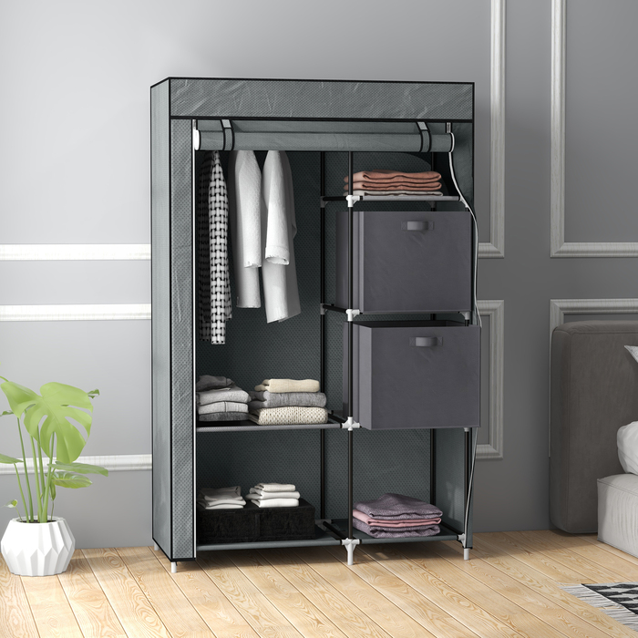 HOMCOM Fabric Wardrobe Folding Closet with Drawers and Clothes Rail Dark Grey with Zippered Non-Woven Fabric for Space-Saving Storage