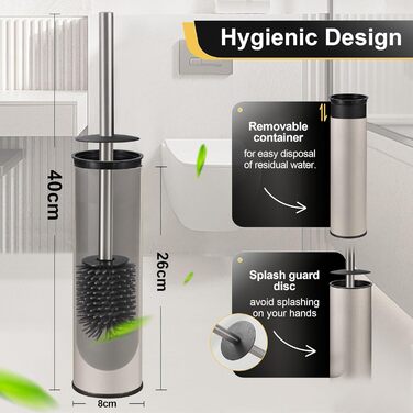 Підлогова щітка для унітазу Dazi з нержавіючої сталі, металева, матова, з 2 довгими щітками для глибокого очищення, запобігає розбризкуванню та засміченням (нікель)