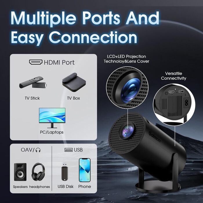 Проектор Mini Beamer 4K Full HD з Android TV, WiFi 6, Bluetooth 5.2, Auto Keystone, чорний