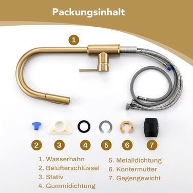 Змішувач кухонний з висувною лійкою та душовою насадкою, поворотний на 360°, 2 режими, нержавіюча сталь (золотий)