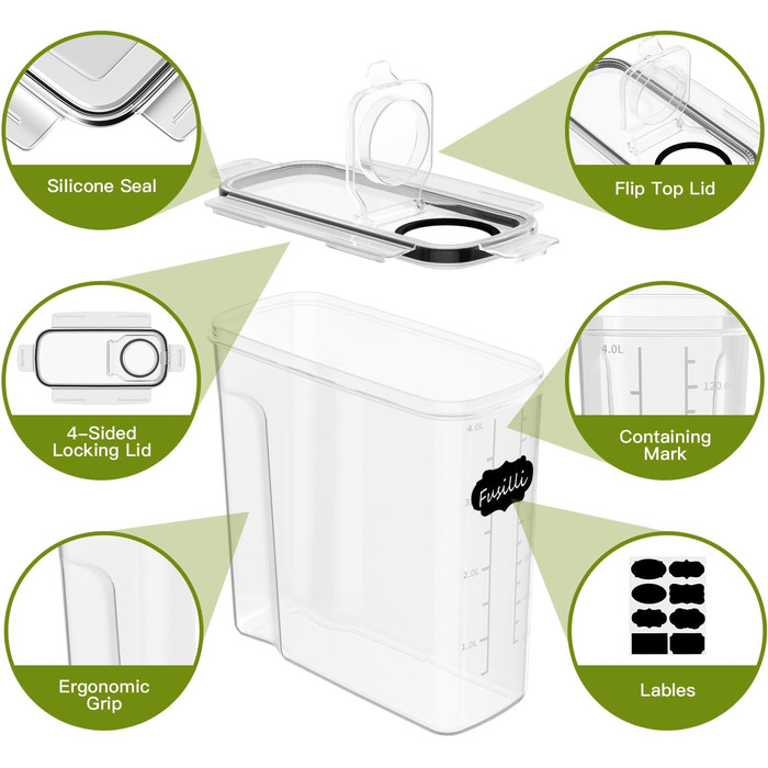 Набір контейнерів для зберігання Withosent 4L (4 шт.) з герметичними кришками, пластикові бокси для кухні, для круп, борошна, мюслі