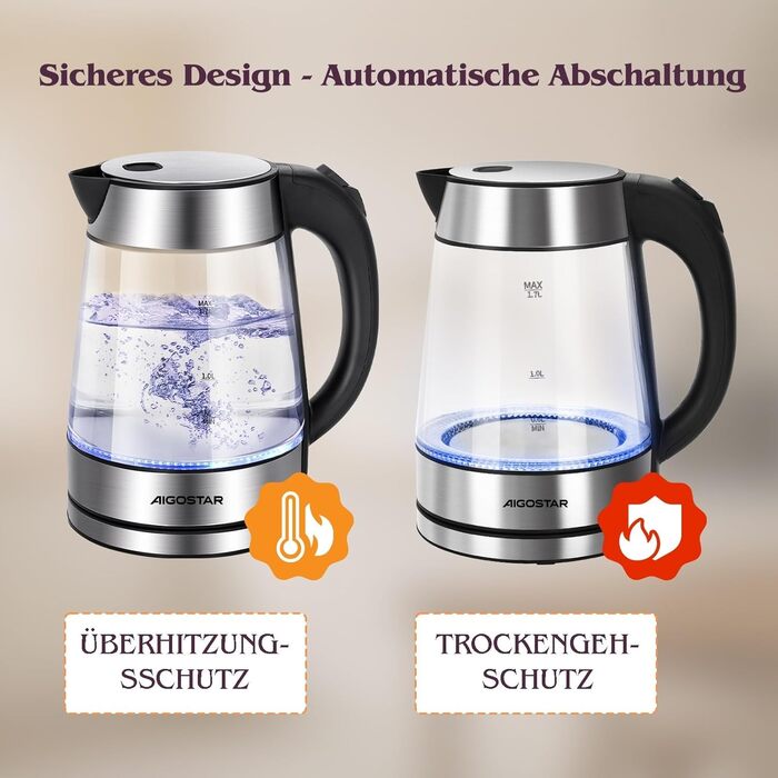 Електричний чайник Aigostar 1.7л, 2200W, LED, без BPA, скло Borosilikat, фільтр від накипу, чорний (Chubby)