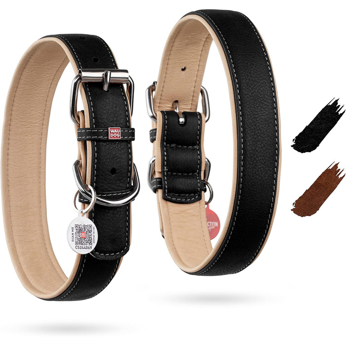 Шкіряний нашийник для собак WAUDOG: великі, середні та малі породи, для цуценят. Нашийник з цифровою міткою, ширина 15/25 мм, довжина 27-36/38-49 см. Чорний колір.
