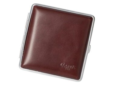 Genuine leather cigarette case, 9.5 x 8.5 x 2 cm, holds 20 cigarettes with elastic band (Dark Brown)