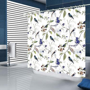 Штора для душу 180x180 см з квітами, антигрибкова, водонепроникна, швидковисихаюча, поліестер, з 12 кільцями (пташки)