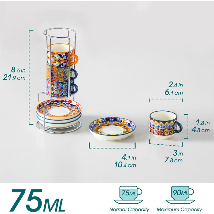 Набір чашок для еспресо Vancasso 4 шт., 150 мл SIMI, з підставками та стійкою, керамічні, для капучіно, еспресо, лате