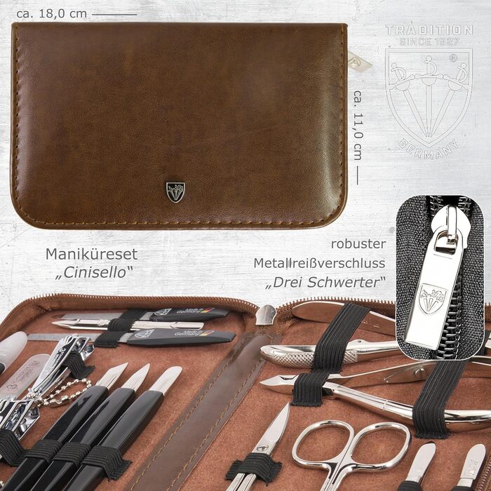 Набір манікюру та педикюру Drei Schwertter 'Cinisello' 16 предметів | Коричневий кейс з якісної шкірозамінник для догляду за руками та ногами. Вміст: ножиці для нігтів, кусачки, пінцет та багато іншого