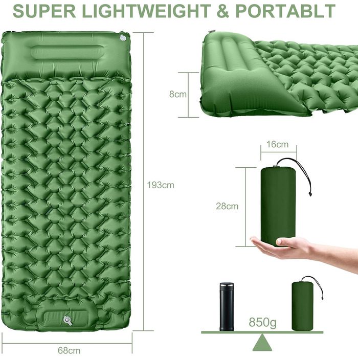 YOUXIU Self-Inflating Camping Mat - Lightweight, Waterproof Sleeping Pad with Foot Pump - Ideal for Hiking, Travel & Tent Use (Green)