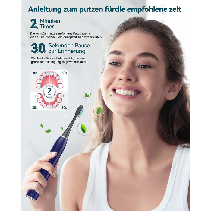 Електрична звукова зубна щітка для дорослих з відбілюючим ефектом - Ultraschall Zahnbürste з 8 насадками, 5 режимами чищення та кейсом для подорожей (Синій)