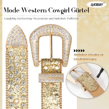 LEACOOLKEY Ремінь зі стразами для чоловіків та жінок, блискучий вестерн кантрі ковбойський ремінь з пряжкою золотого кольору, для джинсів, штанів, суконь. Розмір S: 73-82 см (загальна довжина 105 см)