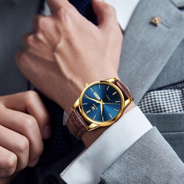 Чоловічий годинник OLEVS з нержавіючої сталі, кварцовий аналоговий годинник, класичний діловий годинник, водостійкий, з підсвічуванням, з датою, на шкіряному ремінці (C2-блакитний циферблат/коричневий ремінь)