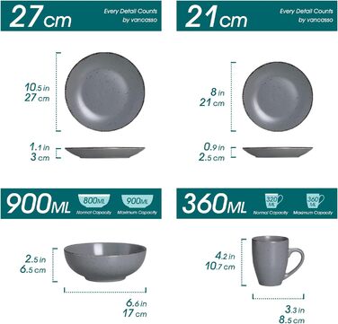Tableware Stoneware, vancasso MODA Dinnerware Set, Vintage Look, 16-Piece Combination Service with 4 Dinner Plates, Dessert Plates, Bowls, and Cups Each Gray 16-Piece for 4 Gray