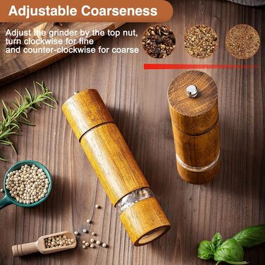 Механічна млинка для солі та перцю з керамічним жорном, регульована ступінь помелу, набір 2 шт. з підставкою, висота 21,5 см