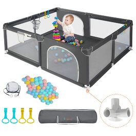 Дитячий ігровий манеж COMOMY 180x200x66 см, захисна огорожа XXL, безпечний ігровий простір із м'якою сіткою, нековзким дном з оксфорду, м'ячиками, міні-кошиком і 4 кільцями для підйому, зелений