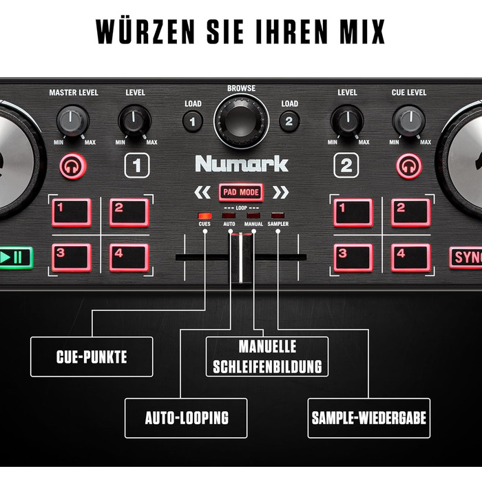 DJ контролер Numark DJ2GO2 Touch: 2-канальний, компактний, з мікшером та аудіоінтерфейсом, Serato Lite
