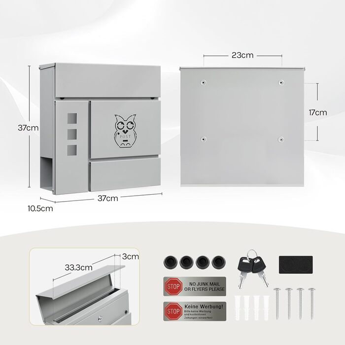 Поштовий ящик WOLTU XXL з газетницею, оглядовим вікном, замком (2 ключі), захистом від реклами, антрацит (сірий+чорний) 10,5x37x37 см