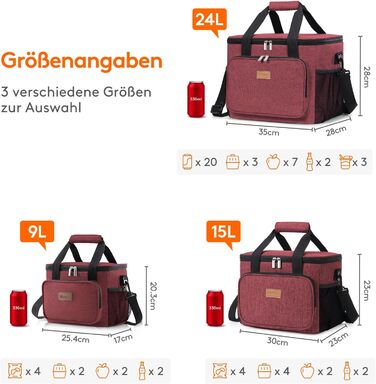 Сумка-холодильник LifeWit 15L, 24 відділення, червона (для їжі, пікніків, подорожей)