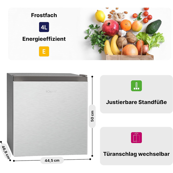Міні-холодильник Bomann 45L з морозильною камерою, тиха кухонна/офісна/кампінгова/геймерська кухонна коробка, дверцята з можливістю зміни розташування - міні-холодильник, холодильник для напоїв, мінібар KB 7245 inox срібний