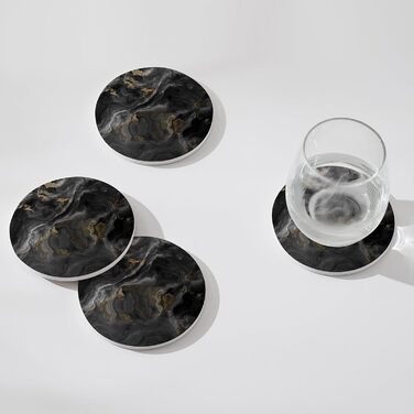 Set of 6 abstract dark blue marble coasters with holder, absorbent ceramic coasters for drinks, coasters with cork backing for table protection, housewarming gifts (Abstract Black Marble)