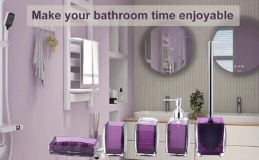 Bathroom Accessories, 5-Piece Set, Resin/Acrylic, Complete Set, Lotion/Soap Dispenser, Soap Dish, Toothbrush Holder, Cup, Toilet Brush and Holder, Modern Bathroom Decor and Gift Set, (Purple)