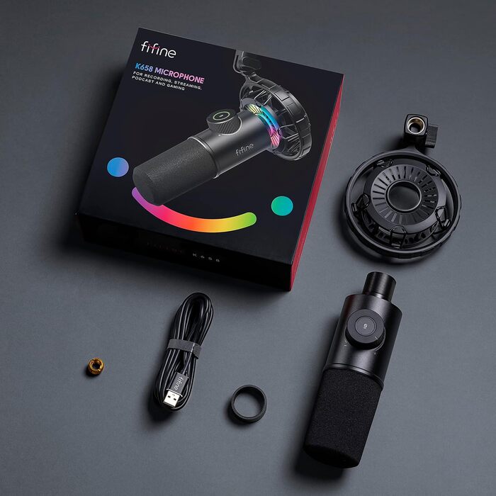 Мікрофон FIFINE K658 Black - USB мікрофон для ПК, PS4, PS5, MAC з RGB підсвічуванням, динамічний, 16 біт/48 кГц, 3.5 мм роз'єм для навушників, Plug-and-Play, з амортизатором