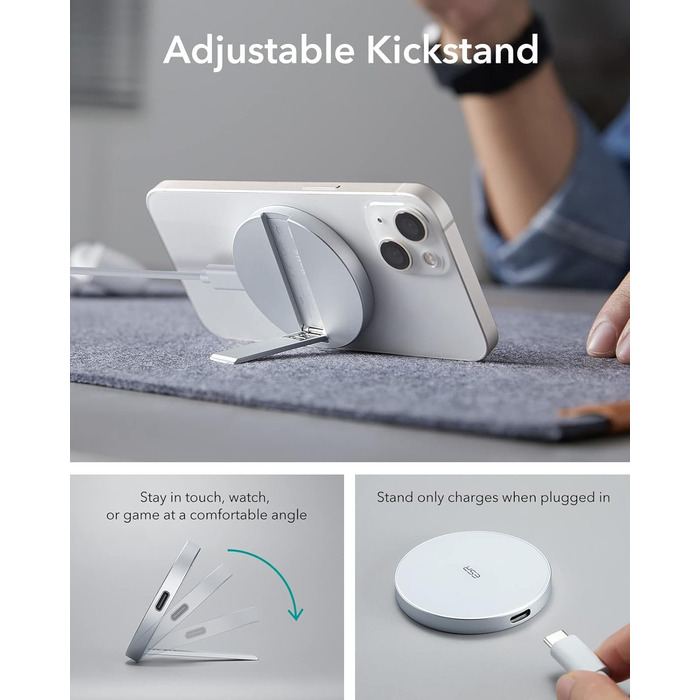 Бездротовий зарядний пристрій ESR MagSafe з підставкою для iPhone 17/16/16 Pro/16 Pro Max/15/14/13, AirPods 4/3/2 Pro, з кабелем 1.5м, білий (без адаптера живлення)