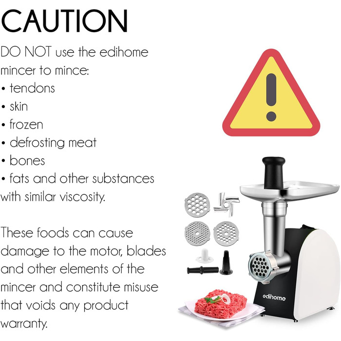 М'ясорубка електрична Edihome з насадкою для ковбас, багатофункціональна, 3 диски для подрібнення (чорно-біла)