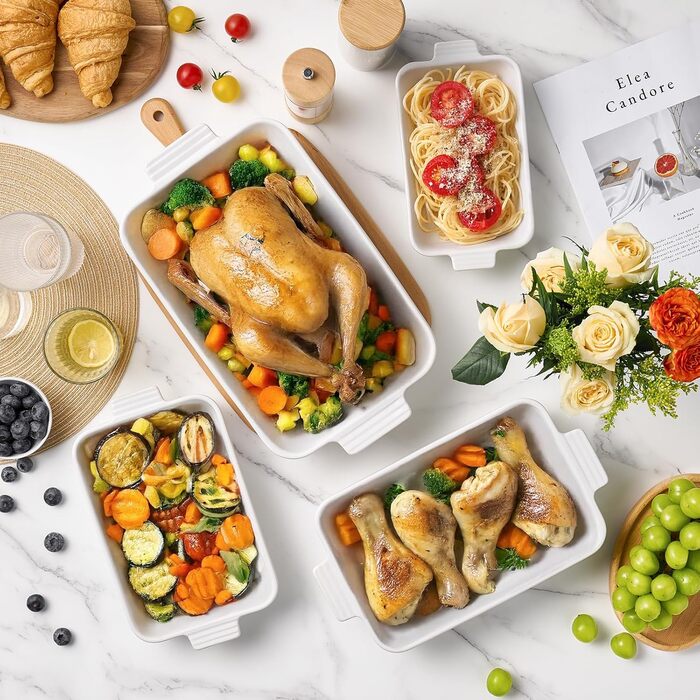 Набір форм для запікання Jassceram з кераміки (4 шт.) – глибокі прямокутні форми для лазаньї та випікання. Великий набір порцелянових форм для духовки, підходить для приготування брауні, банкетів. Розміри: 9.6'/11.5'/13.1'/15.2'