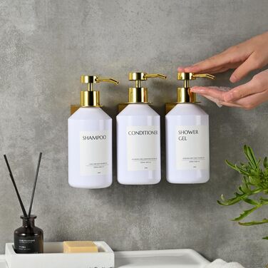 Набір з 3 сеппенсерів для кріплення на стіну, 500 мл, дозатор для шампуню/гелю для душу, чорний, без свердління, для кухні та ванної кімнати (біла пляшка + золотий дозатор)