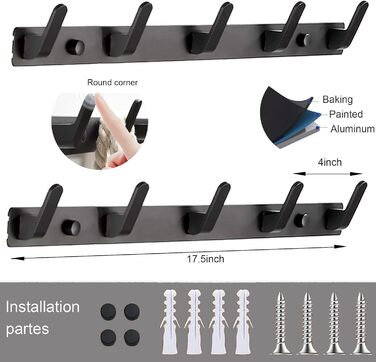 Coat Hooks, Wall Mount, Wall Coat Hooks, 5 Hooks, Black, Closet Hooks, Hat Shelf, Key Hooks for Wall, Jacket Holder Wall, Entryway Hooks Wall Mount, Clothes Rail (2 pieces)