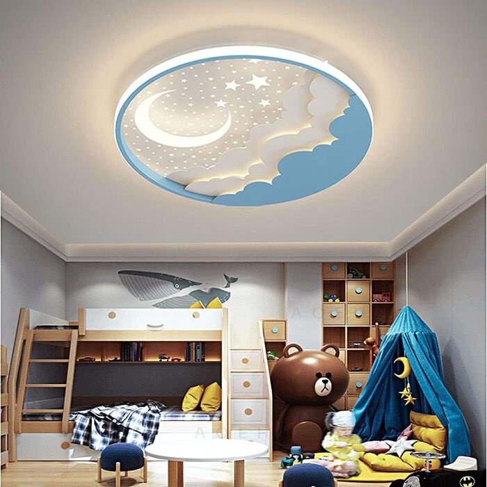Дитяча стельова LED-лампа Зірка і Місяць, акриловий плафон, плавне дімування з пультом, ультратонка 6 см, 40 Вт, 40 см, синя для спальні та дитсадка