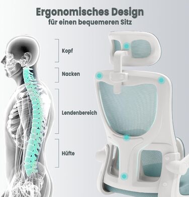 Крісло офісне WOLTU ергономічне, крісло для робочого столу з функцією гойдання, регульована підголовник, поворотні підлокітники, підтримка попереку, офісне крісло, витримує 150 кг (Блакитний)