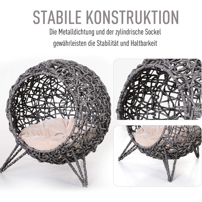 PawHut Rattan Cat House with Cushion, Cat Sleeping Place, Cat Cave with Raised Feet, Natural Ø52 x 58 cm (Silver Grey)