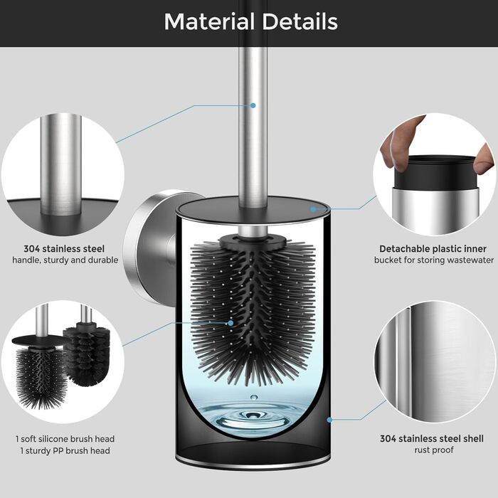Набір для чищення унітазу WAVEWO з кріпленням на стіну, силіконова щітка та тримач, квадратна щітка з нержавіючої сталі 304, 2 насадки (кругла срібляста)
