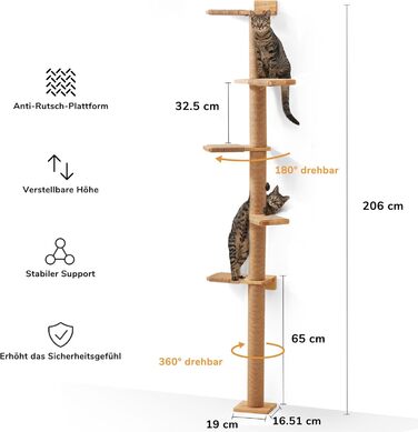 Kratzbaum, 5-story cat tree reaching the ceiling (206 cm), wall-mounted cat tree, made of natural rubber wood, for cats to climb, scratch, look out, and play.