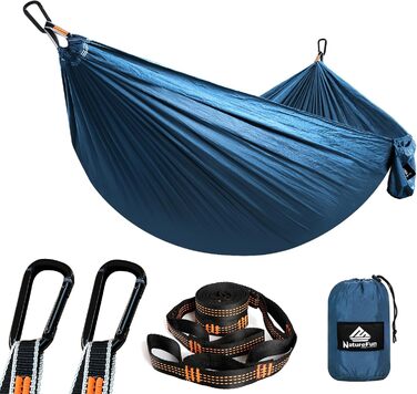 Гамак для кемпінгу NATUREFUN - легкий, міцний (300 кг), дихаючий, швидковисихаючий, з карабінами та шнурами. Ідеальний для відпочинку вдома, в саду чи на природі. Розмір: 275 x 140 см, колір: хакі/темно-синій