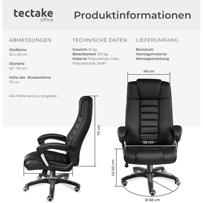 Офісний крісло Tectake, крісло для шефа, поворотне крісло на колесах, комп'ютерне крісло, регульоване по висоті, ергономічне крісло з екошкіри, з підлокітниками та функцією гойдання, 12 см підкладки - чорне